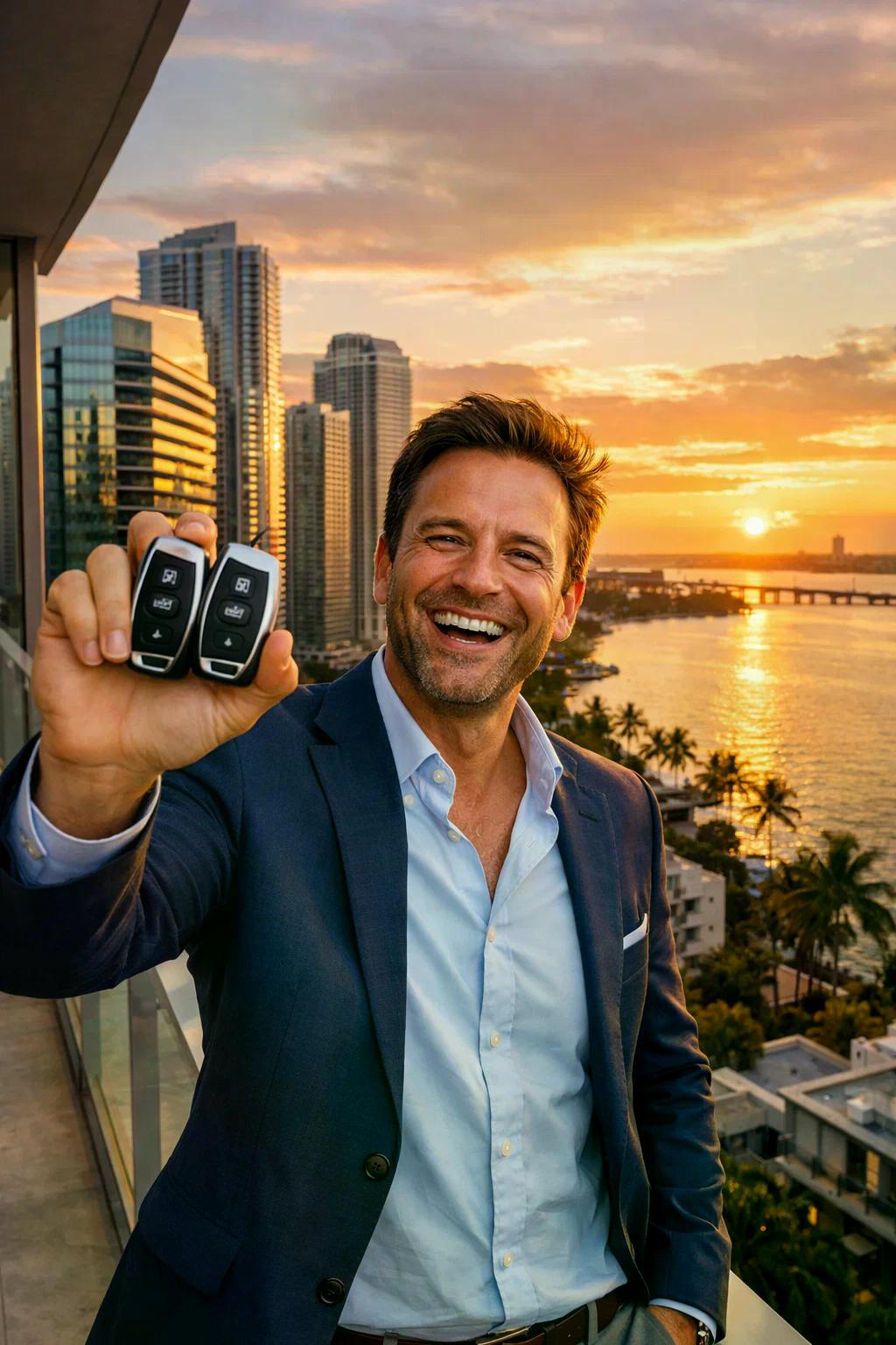 Happy Brickell resident holding two smart car keys on a balcony with Miami skyline view