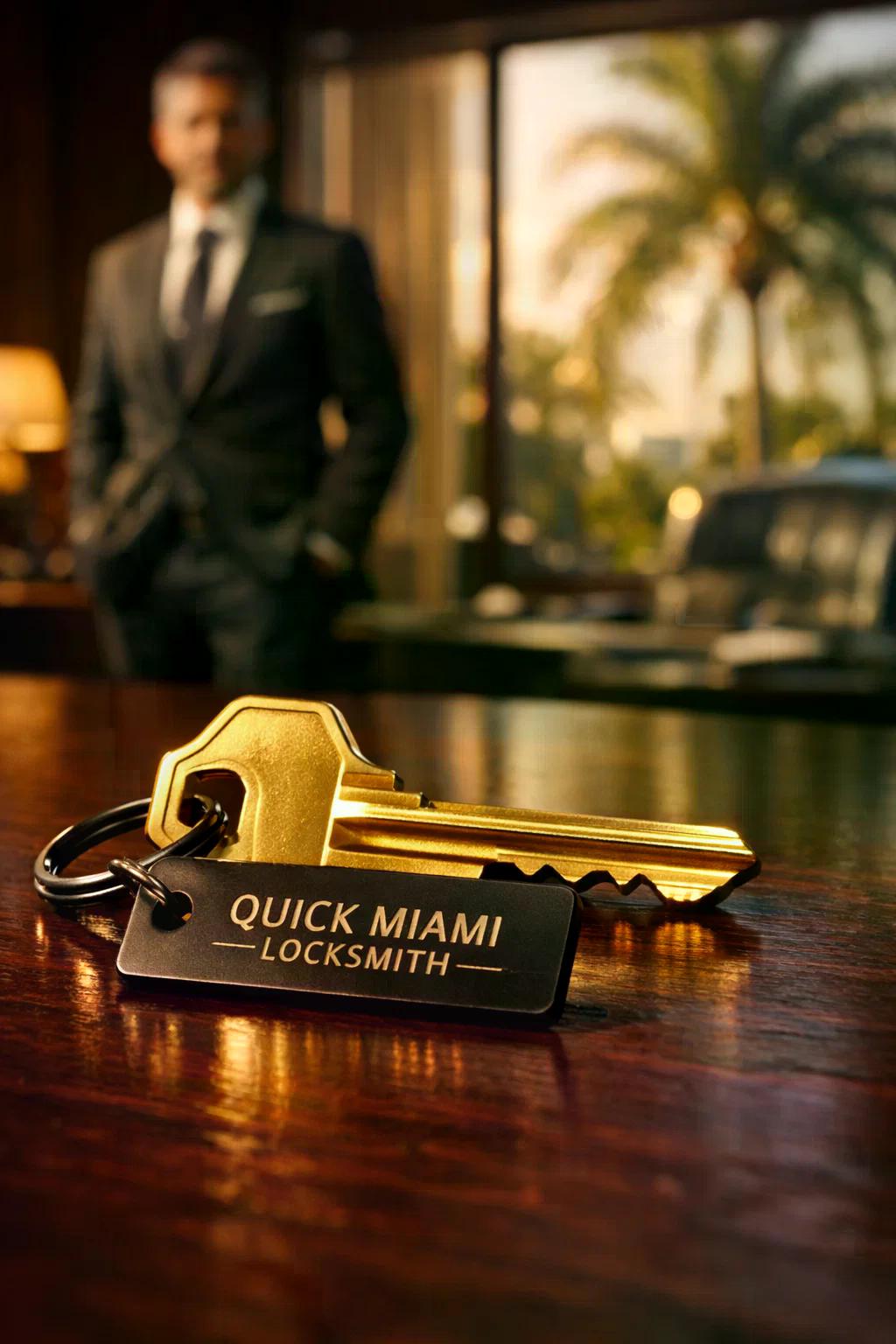 A confident business owner holding a single golden master key in a luxury Miami office